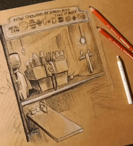 Pencil drawing of the Jungle Juice counter on brown paper beside drawing pencils